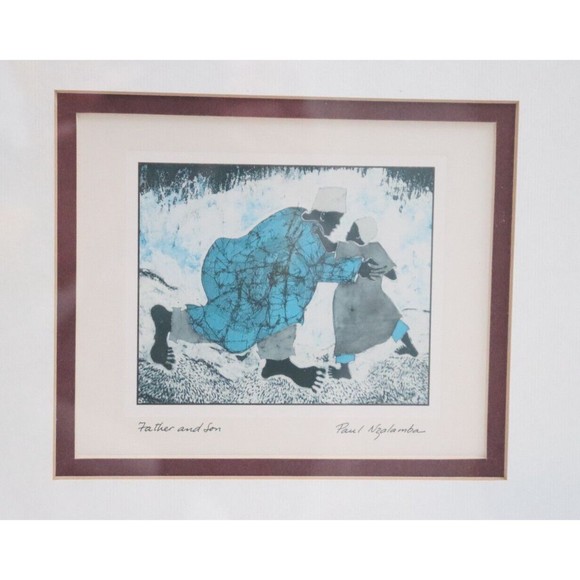 "Father and Son" By Paul Nzalamba Lithograph Wood Frame Glass Signed‎ - Picture 2 of 5